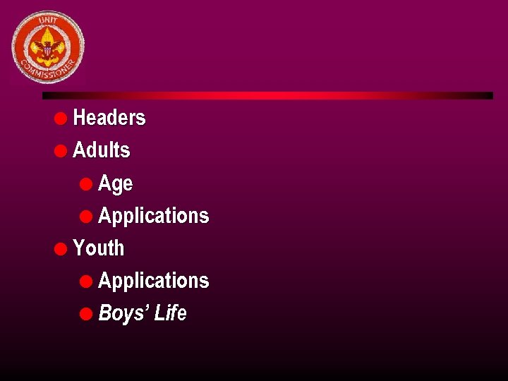 l Headers l Adults l Age l Applications l Youth l Applications l Boys’