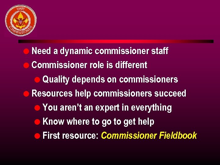 l Need a dynamic commissioner staff l Commissioner role is different l Quality depends