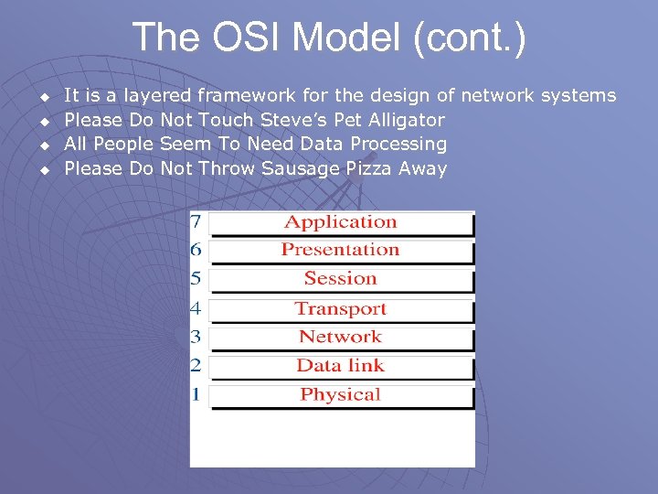 The OSI Model (cont. ) u u It is a layered framework for the