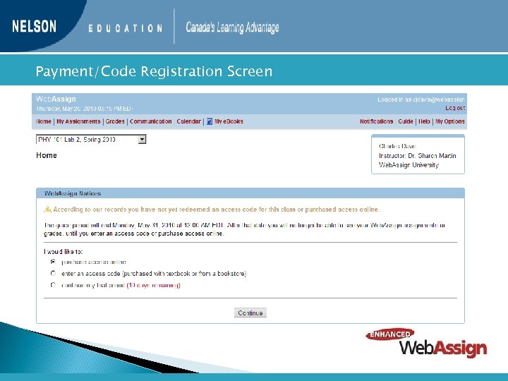  Payment/Code Registration Screen 