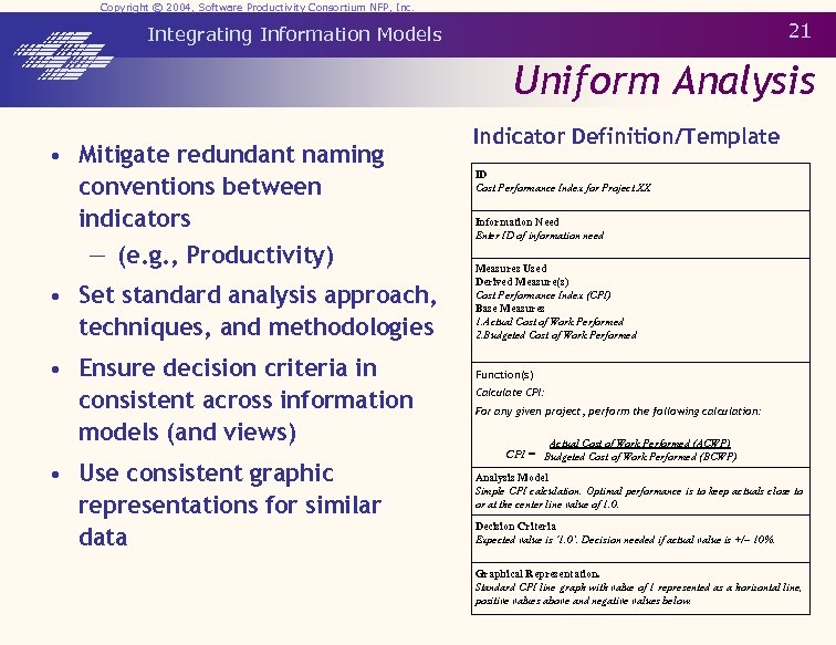 Copyright © 2004, Software Productivity Consortium NFP, Inc. 21 Integrating Information Models Uniform Analysis