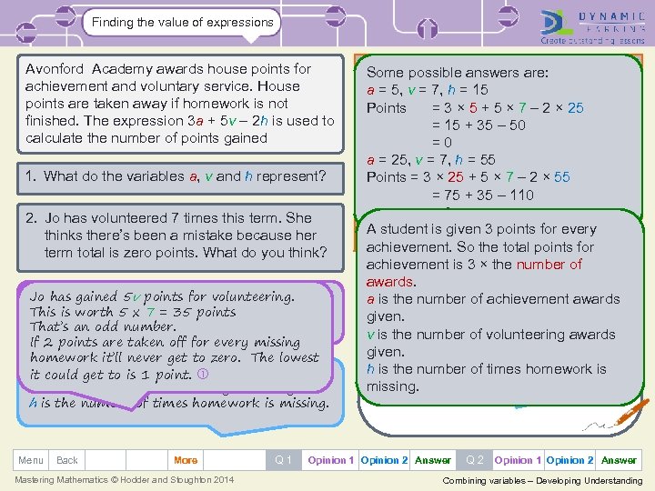 Finding the value of expressions Avonford Academy awards house points for achievement and voluntary