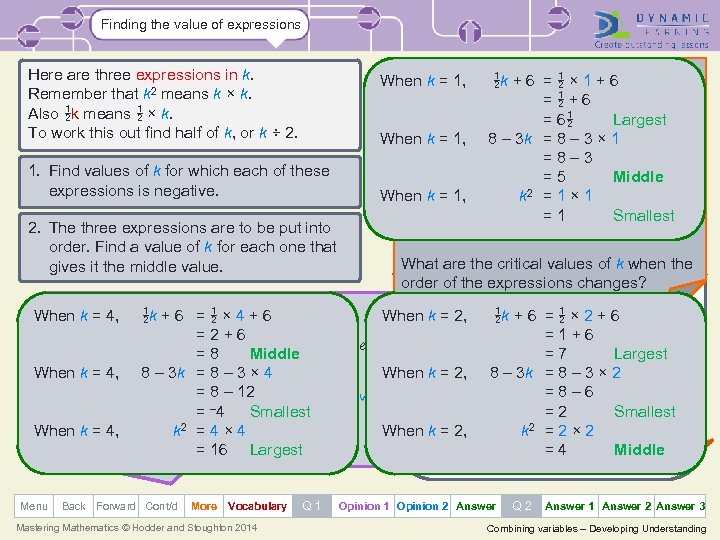 Finding the value of expressions Here are three expressions in k. Remember that k