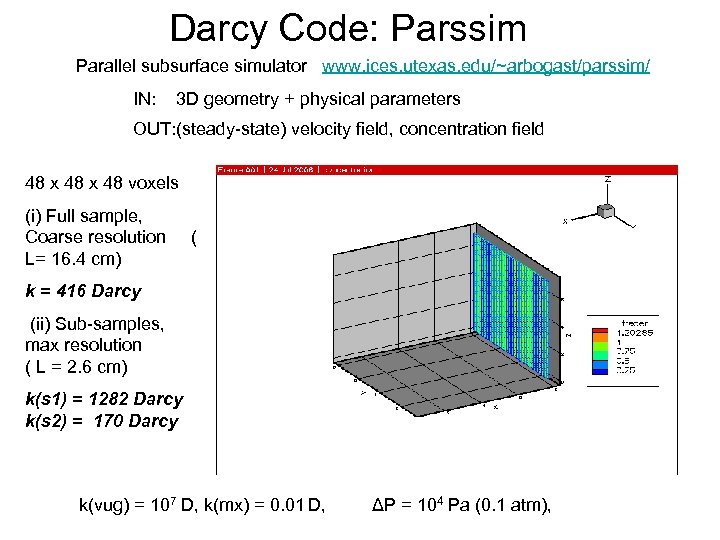 Darcy Code: Parssim Parallel subsurface simulator www. ices. utexas. edu/~arbogast/parssim/ IN: 3 D geometry