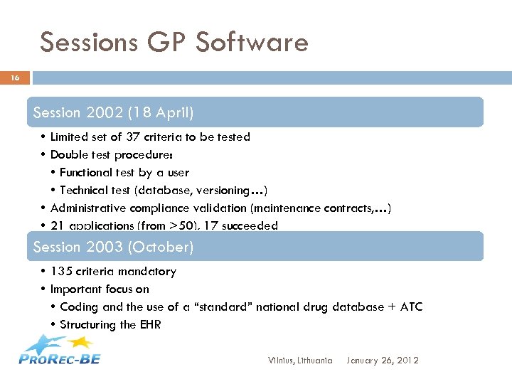 Sessions GP Software 16 Session 2002 (18 April) • Limited set of 37 criteria
