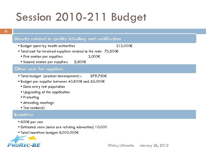 Session 2010 -211 Budget 21 Directly related to quality labelling and certification • Budget