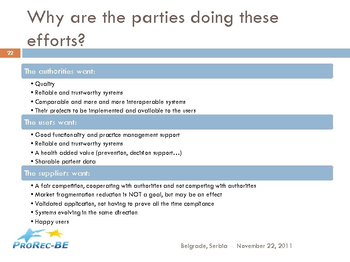 22 Why are the parties doing these efforts? The authorities want: • Quality •