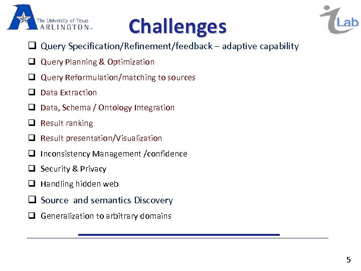 Challenges Query Specification/Refinement/feedback – adaptive capability Query Planning & Optimization Query Reformulation/matching to sources
