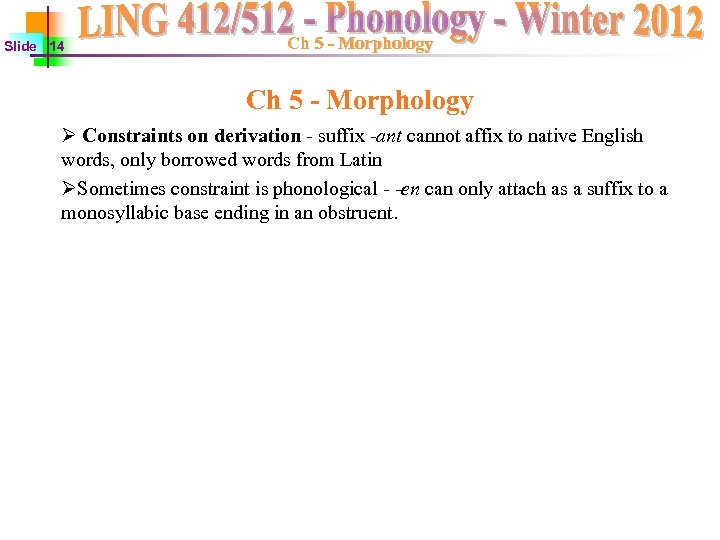 Slide 14 Ch 5 - Morphology Ø Constraints on derivation - suffix -ant cannot