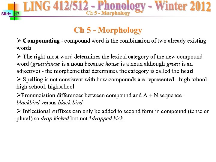 Slide 17 Ch 5 - Morphology Ø Compounding - compound word is the combination