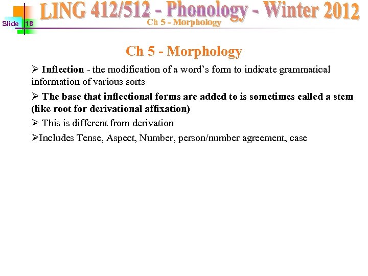 Slide 18 Ch 5 - Morphology Ø Inflection - the modification of a word’s