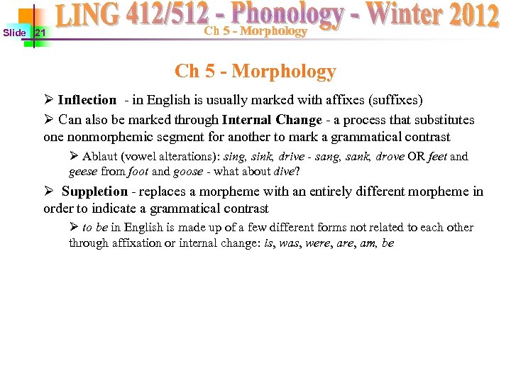 Slide 21 Ch 5 - Morphology Ø Inflection - in English is usually marked