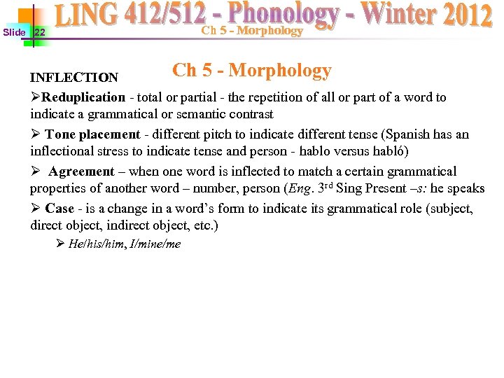 Ch 5 - Morphology Slide 22 Ch 5 - Morphology INFLECTION ØReduplication - total