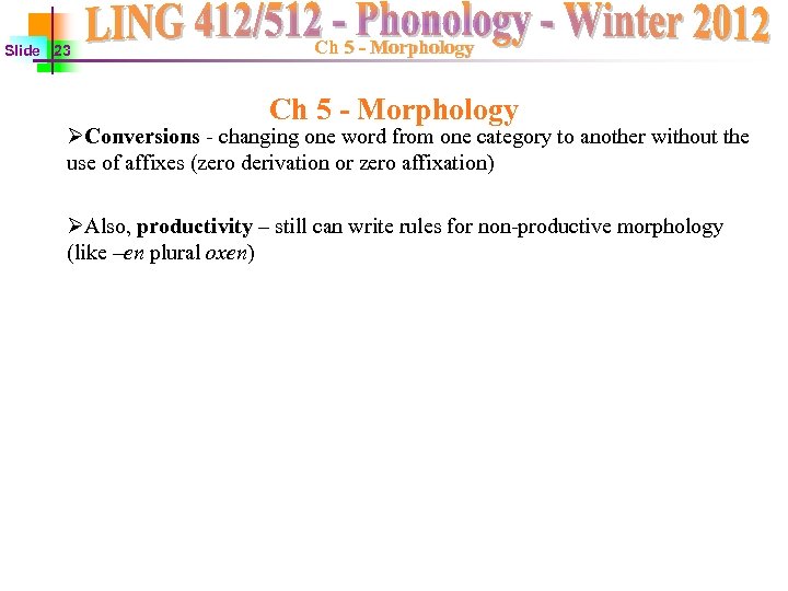 Slide 23 Ch 5 - Morphology ØConversions - changing one word from one category