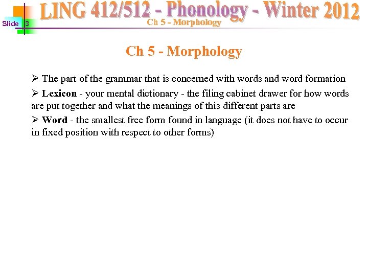 Slide 3 Ch 5 - Morphology Ø The part of the grammar that is