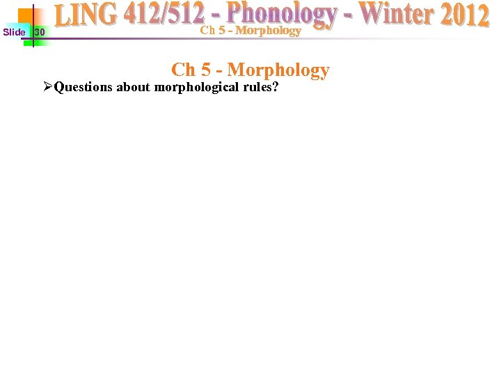 Slide 30 Ch 5 - Morphology ØQuestions about morphological rules? 