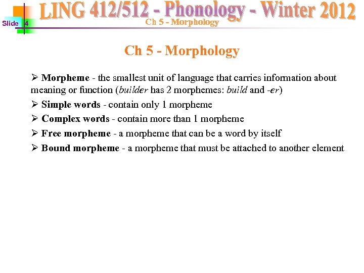 Slide 4 Ch 5 - Morphology Ø Morpheme - the smallest unit of language