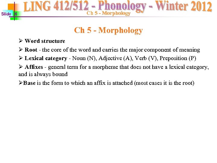 Slide 6 Ch 5 - Morphology Ø Word structure Ø Root - the core