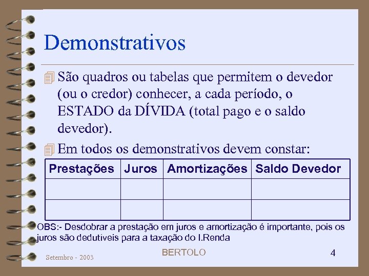 Demonstrativos 4 São quadros ou tabelas que permitem o devedor (ou o credor) conhecer,