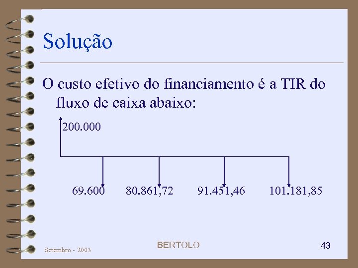 Solução O custo efetivo do financiamento é a TIR do fluxo de caixa abaixo: