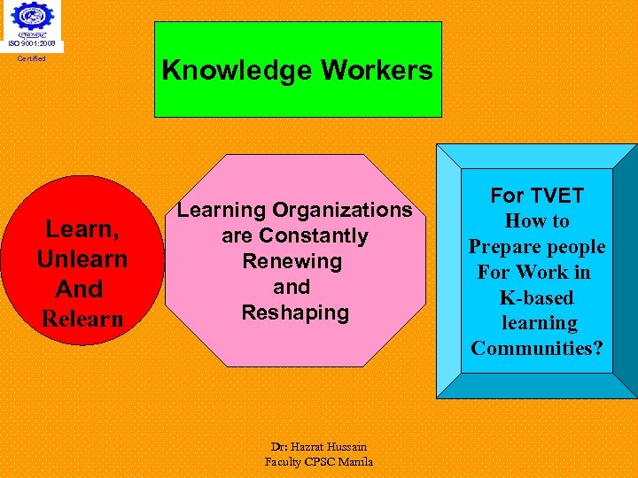 ISO 9001: 2008 Certified Learn, Unlearn And Relearn Knowledge Workers Learning Organizations are Constantly