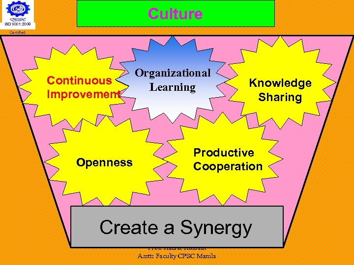 Culture ISO 9001: 2008 Certified Continuous Improvement Openness Organizational Learning Knowledge Sharing Productive Cooperation