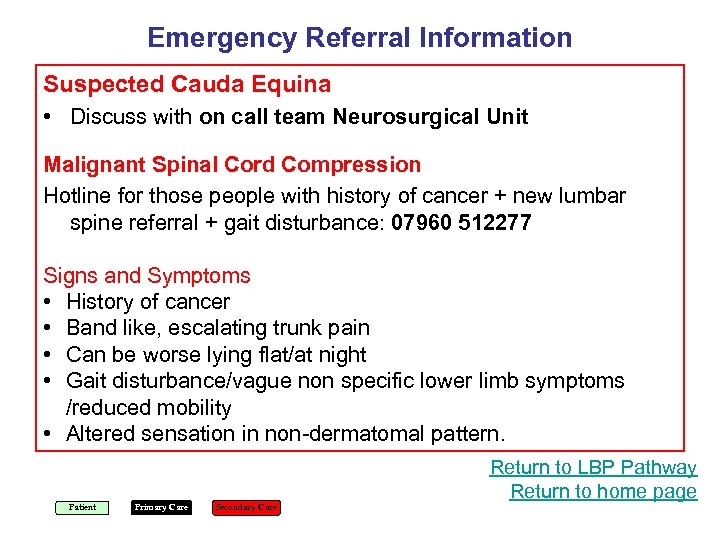 Emergency Referral Information Suspected Cauda Equina • Discuss with on call team Neurosurgical Unit