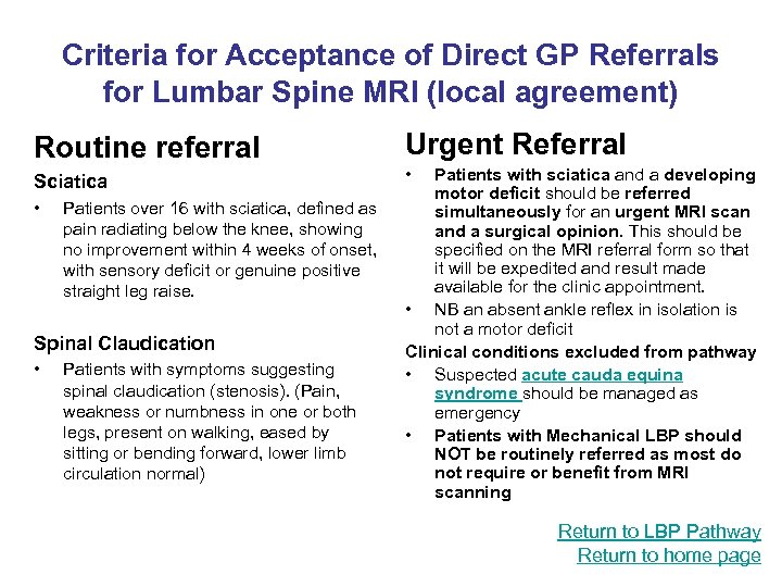 Criteria for Acceptance of Direct GP Referrals for Lumbar Spine MRI (local agreement) Routine