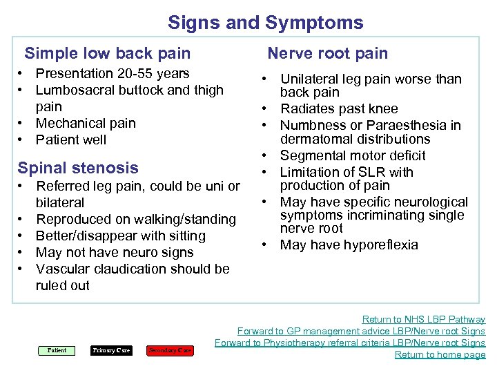 Signs and Symptoms Simple low back pain Nerve root pain • Presentation 20 -55