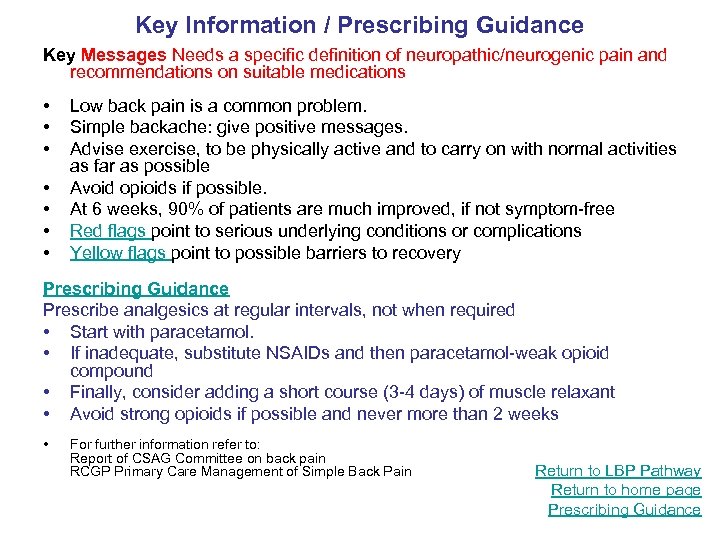 Key Information / Prescribing Guidance Key Messages Needs a specific definition of neuropathic/neurogenic pain