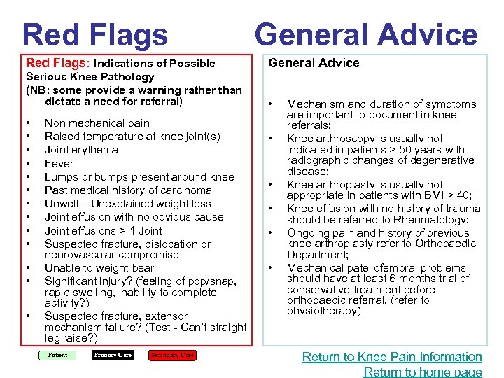 Red Flags General Advice Red Flags: Indications of Possible General Advice Serious Knee Pathology