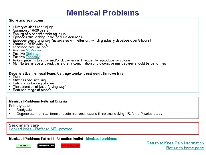 Meniscal Problems Signs and Symptoms § § § History of significant injury Commonly 16