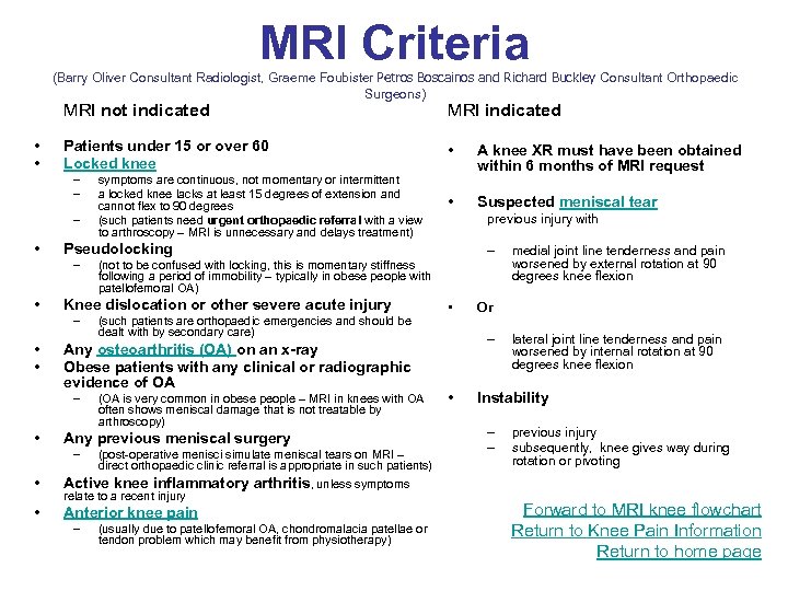 MRI Criteria (Barry Oliver Consultant Radiologist, Graeme Foubister Petros Boscainos and Richard Buckley Consultant