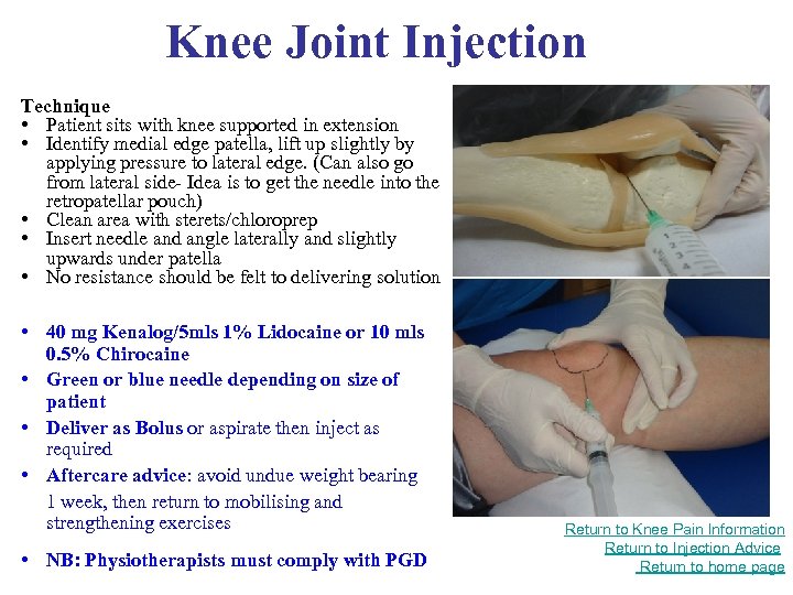 Knee Joint Injection Technique • Patient sits with knee supported in extension • Identify