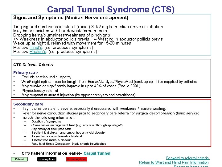 Carpal Tunnel Syndrome (CTS) Signs and Symptoms (Median Nerve entrapment) Tingling and numbness in