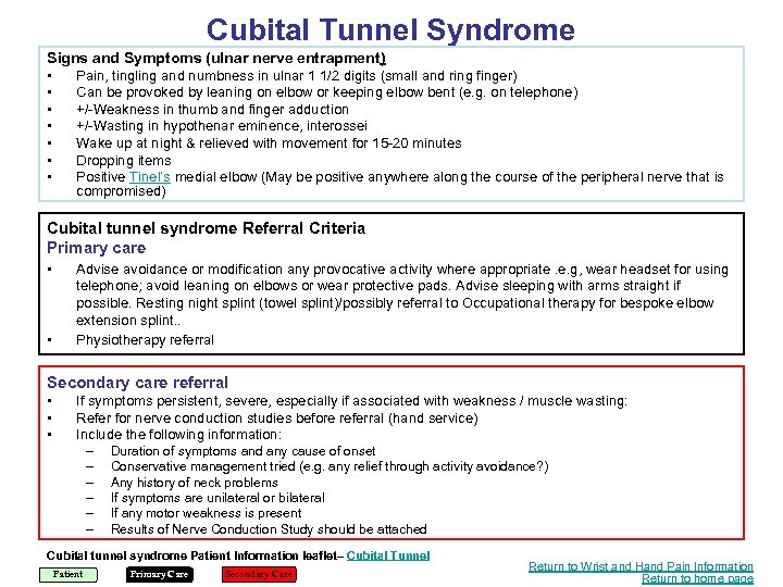 Cubital Tunnel Syndrome Signs and Symptoms (ulnar nerve entrapment) • Pain, tingling and numbness