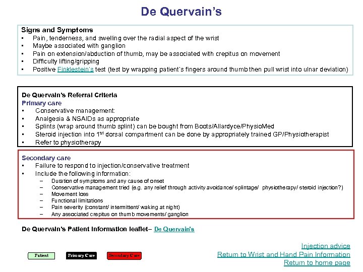 De Quervain’s Signs and Symptoms • Pain, tenderness, and swelling over the radial aspect