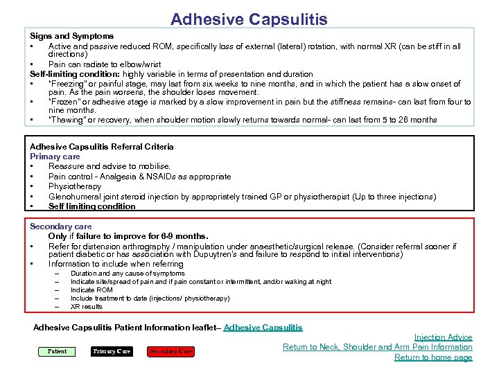 Adhesive Capsulitis Signs and Symptoms • Active and passive reduced ROM, specifically loss of