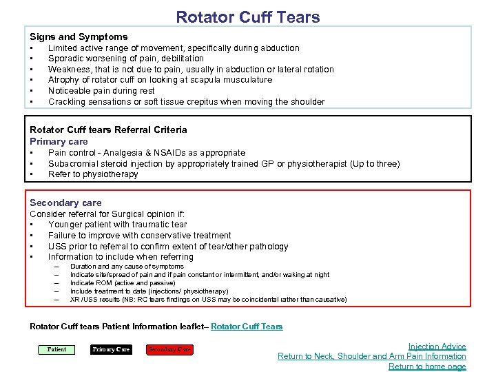 Rotator Cuff Tears Signs and Symptoms • Limited active range of movement, specifically during