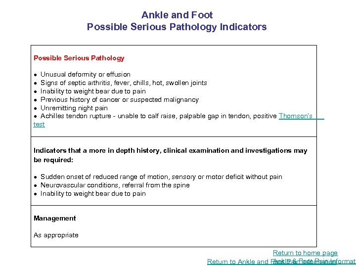 Ankle and Foot Possible Serious Pathology Indicators Possible Serious Pathology Unusual deformity or effusion