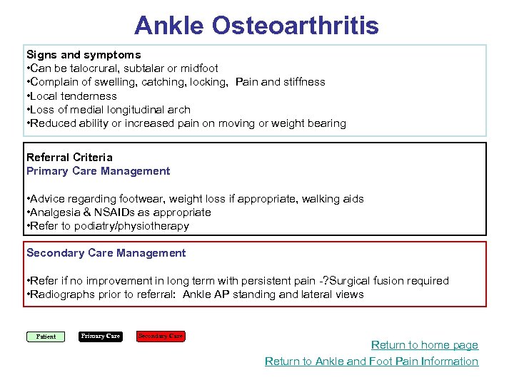 Ankle Osteoarthritis Signs and symptoms • Can be talocrural, subtalar or midfoot • Complain