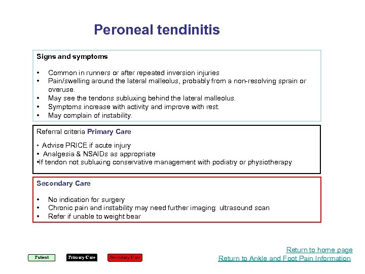 Peroneal tendinitis Signs and symptoms • • • Common in runners or after repeated