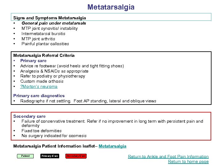 Metatarsalgia Signs and Symptoms Metatarsalgia • General pain under metatarsals • MTP joint synovitis/