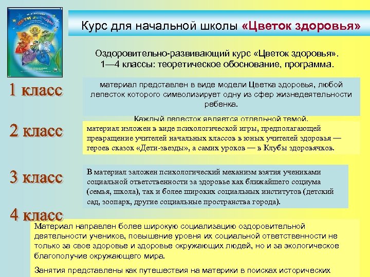 Курс для начальной школы «Цветок здоровья» Оздоровительно-развивающий курс «Цветок здоровья» . 1— 4 классы: