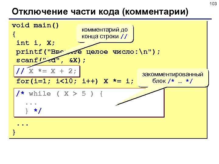 103 Отключение части кода (комментарии) void main() комментарий до { конца строки // int