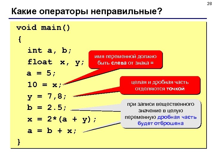 28 Какие операторы неправильные? void main() { int a, b; имя переменной должно float