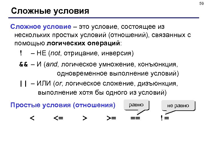 59 Сложные условия Сложное условие – это условие, состоящее из нескольких простых условий (отношений),