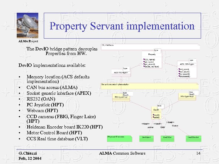 Property Servant implementation ALMA Project The Dev. IO bridge pattern decouples Properties from HW.