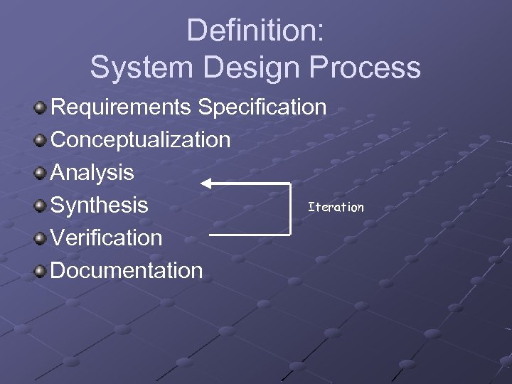 Definition: System Design Process Requirements Specification Conceptualization Analysis Iteration Synthesis Verification Documentation 