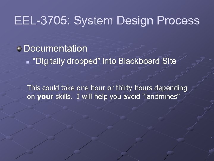 EEL-3705: System Design Process Documentation n “Digitally dropped” into Blackboard Site This could take